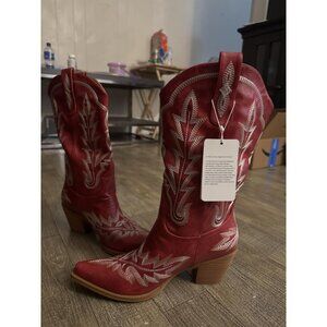 🆕Women Deep Red Faux Leather Wood Grain Embroidered Chunky Heel  Cowgirl Boots